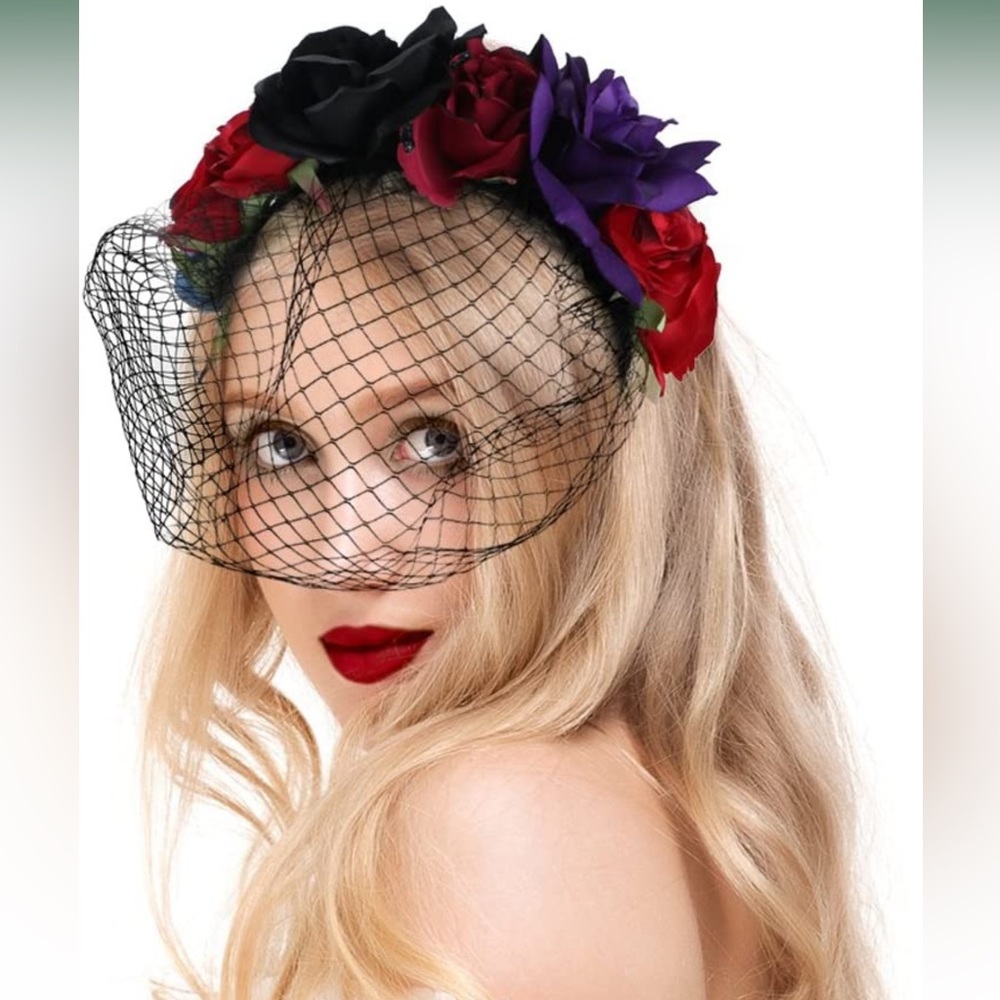 Valdler Vintage Dark and Dramatic Dead Roses Flower Crown for Party Black+ Red